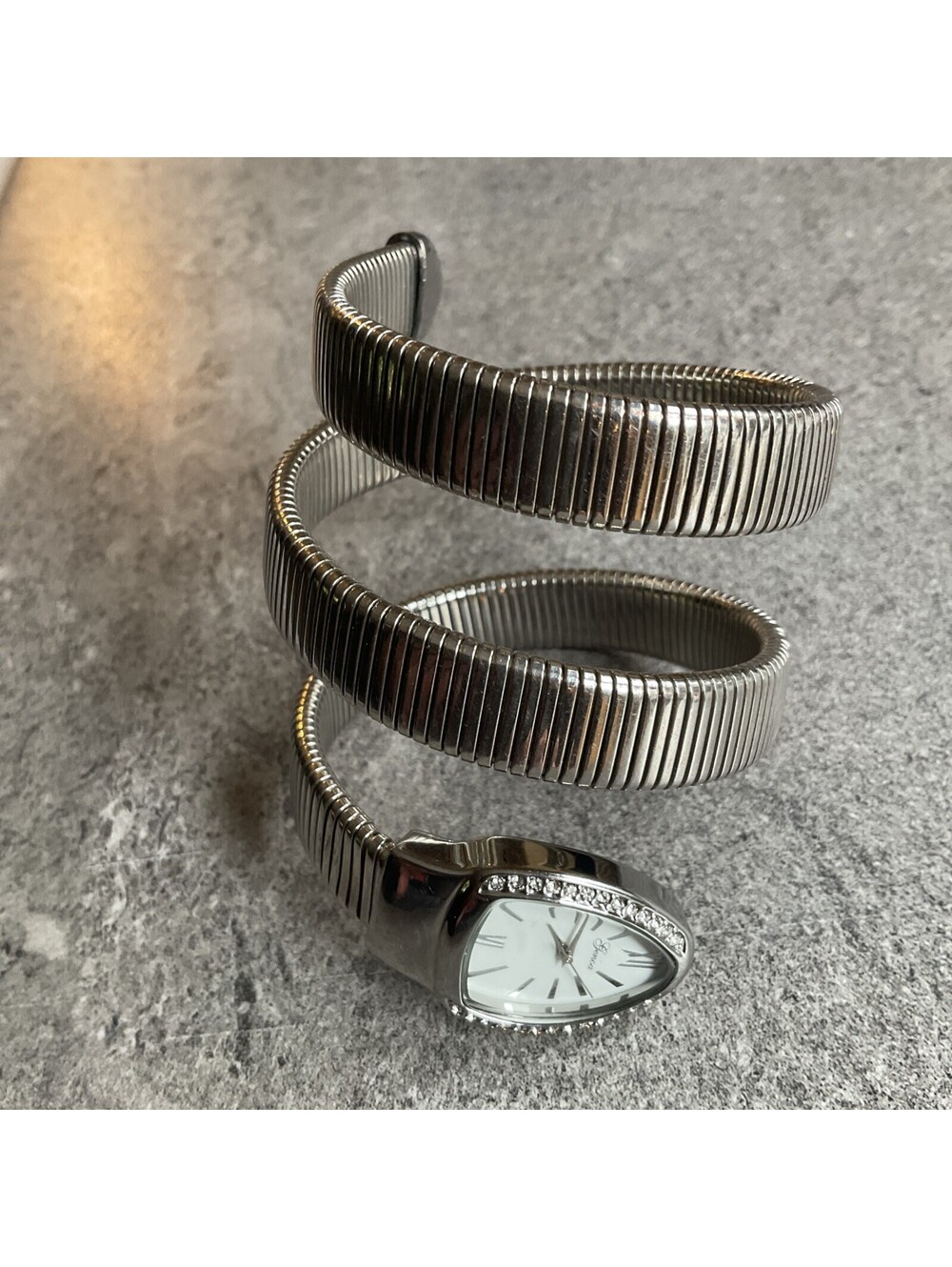 Silver Tone Snake Coil Wrap Around Genoa Watch Rhinestone Bezel Elegant A4